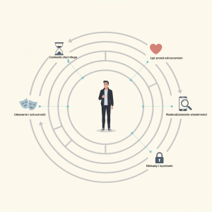 Mężczyzna uwięziony w pętli powtarzających się błędów w podrywaniu symbolizowanych ikonami