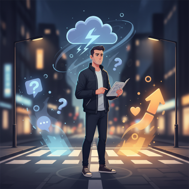 Mężczyzna stojący na skrzyżowaniu dróg, wybierający między lękiem a działaniem w relacjach