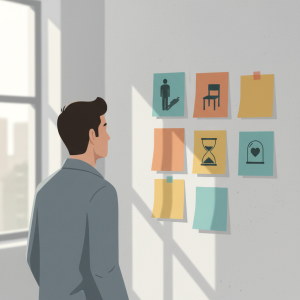 Mężczyzna stojący przed ścianą z ikonami symbolizującymi jego największe przeciwności w podrywaniu