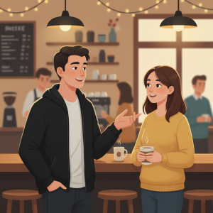 Mężczyzna i kobieta prowadzą naturalną rozmowę przy barze w kawiarni