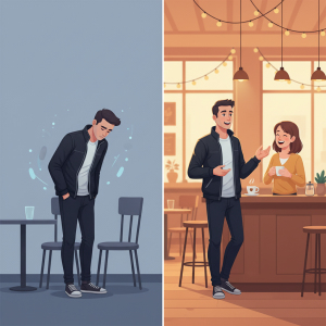 Zestawienie niepewnego i pewnego siebie mężczyzny przed i po nauczeniu się podrywania