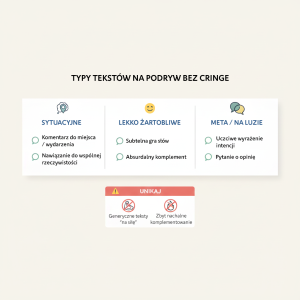 Rodzaje tekstów na podryw: sytuacyjne, lekkie i meta — z krótką listą czego unikać.