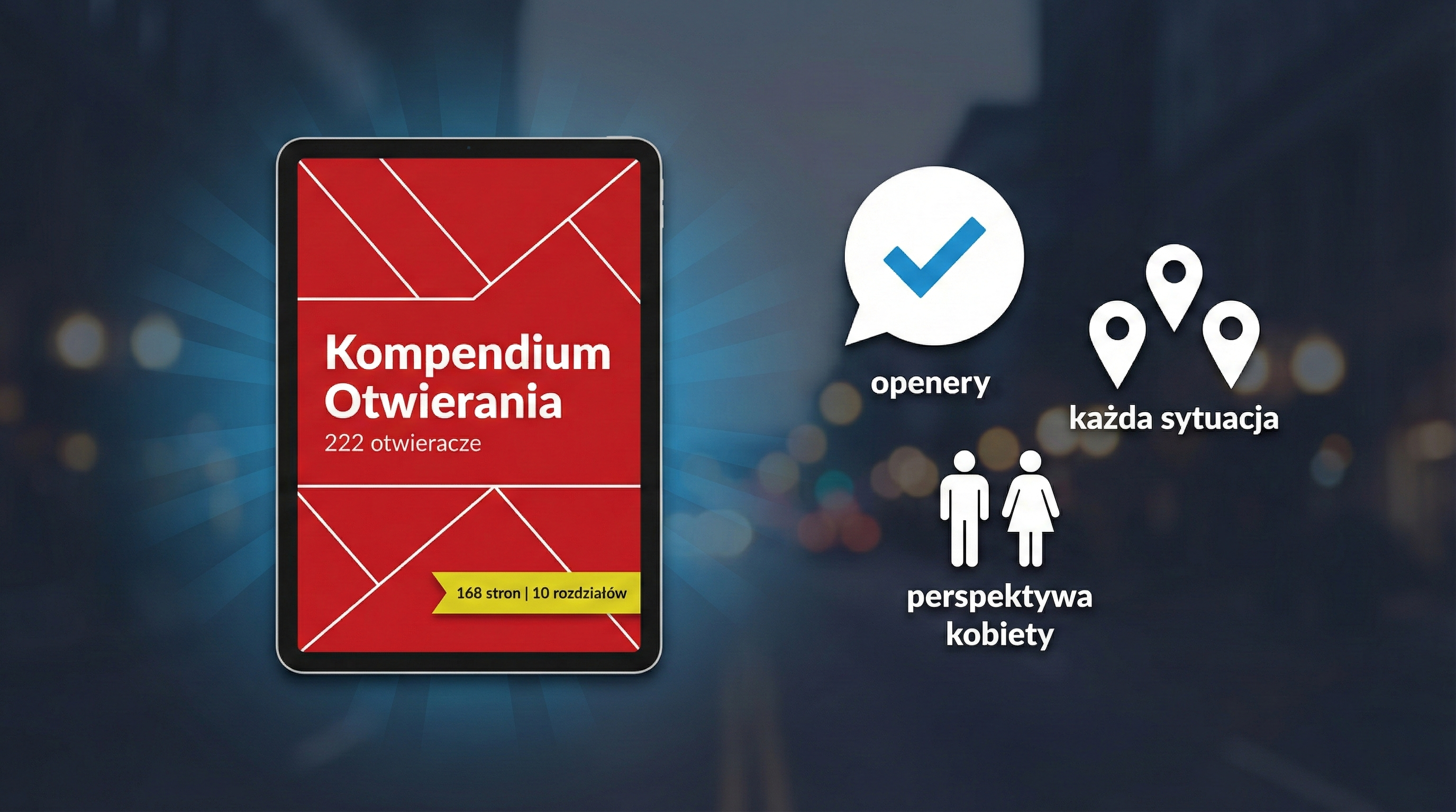 Mockup e-booka Kompendium Otwierania — 222 otwieracze, 168 stron, perspektywa kobieca do każdego zdania