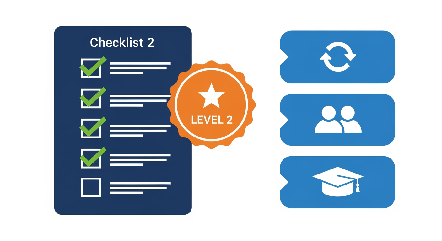 Checklist gotowości na Level 2 z badge'em i trzema ścieżkami dalszego rozwoju