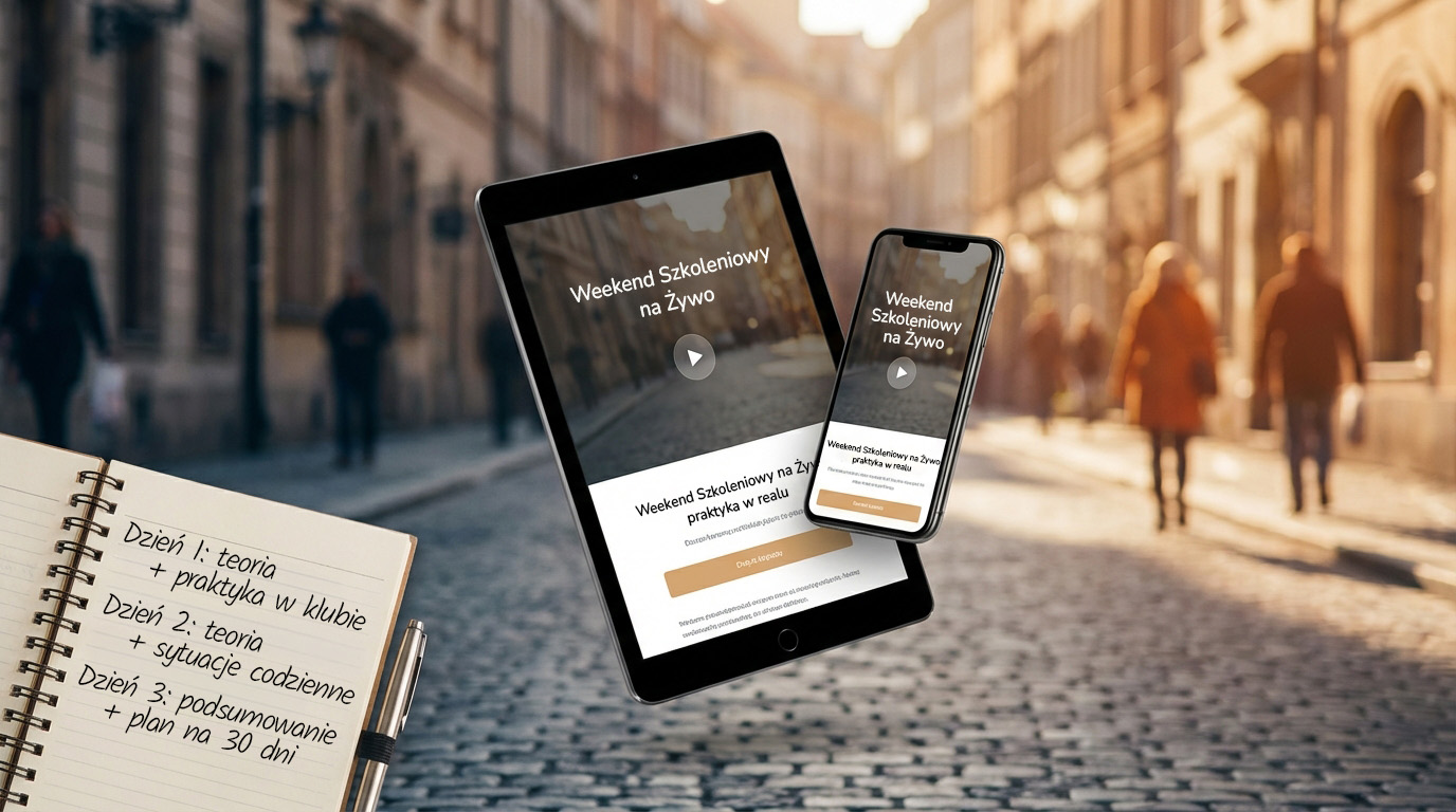 Mockup kursu uwodzenia na tablecie z checklistą weekendowego szkolenia w tle miasta