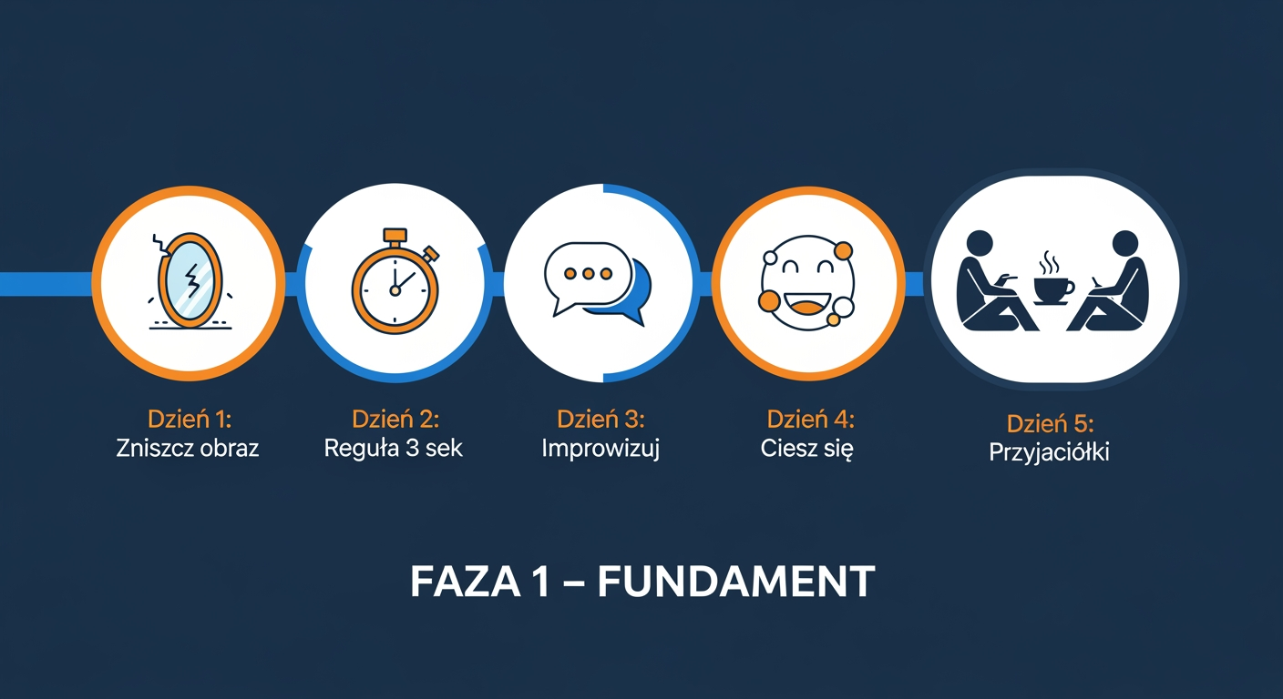 Diagram fazy 1 (dni 1–5): budowanie postawy i komfortu w kontaktach z kobietami – pięć kroków na osi czasu