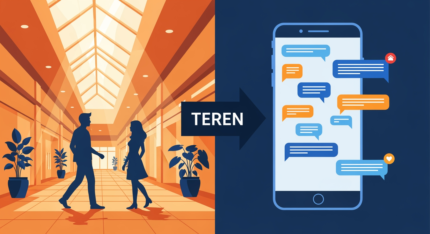 Scena split-screen – podejście do dziewczyny w galerii i rozmowa online na telefonie