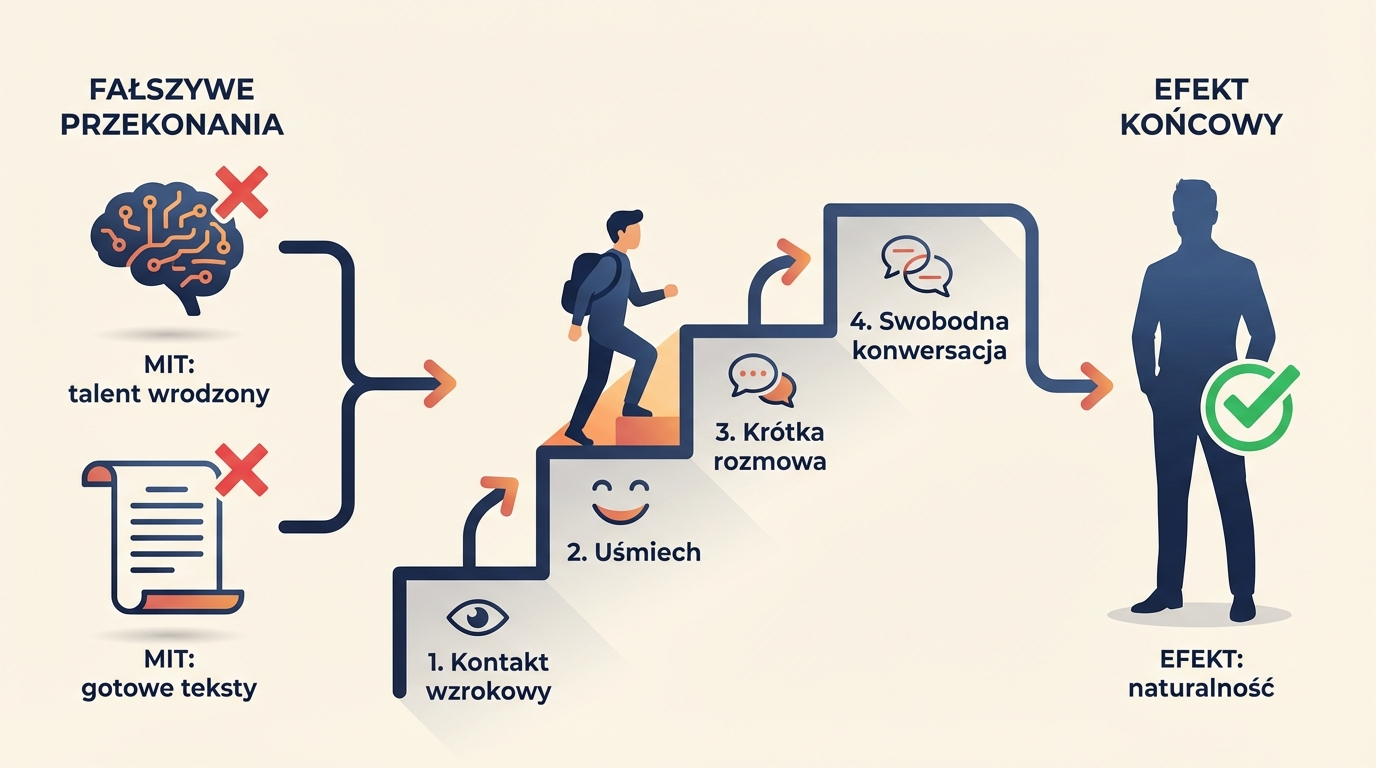 Diagram procesu: od obalonych mitów o talencie i tekstach do naturalnej konwersacji w 4 krokach