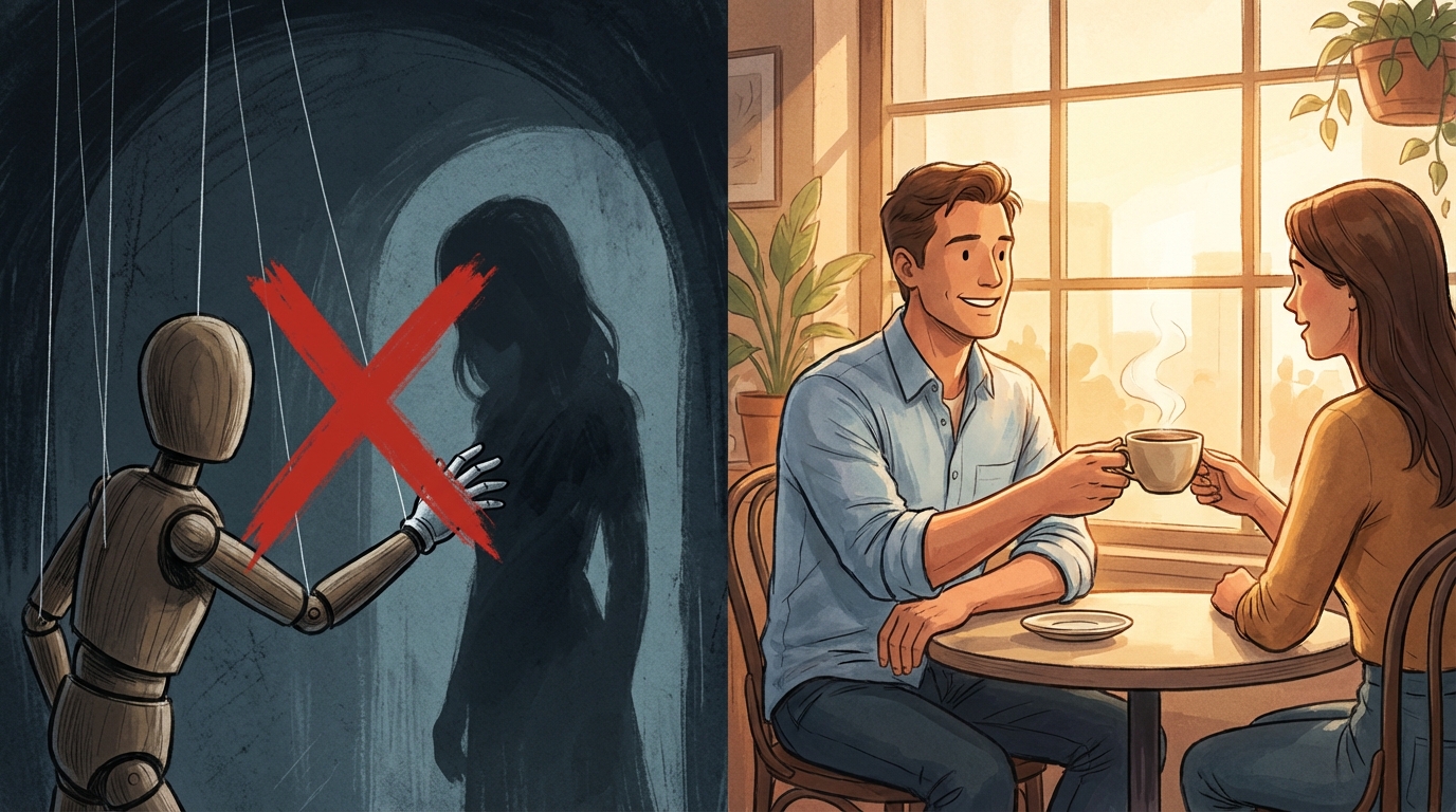 Kontrast: manipulacja (marioneta, przekreślona) vs autentyczny kontakt w kawiarni